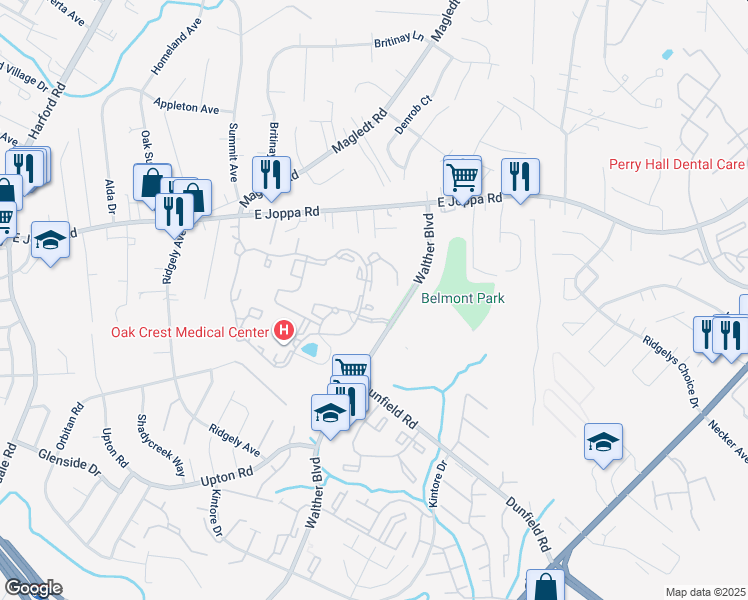 map of restaurants, bars, coffee shops, grocery stores, and more near 8820 Walther Boulevard in Parkville