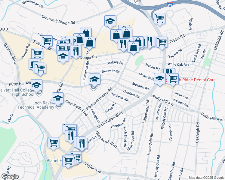 map of restaurants, bars, coffee shops, grocery stores, and more near 8425 Pleasant Plains Road in Towson