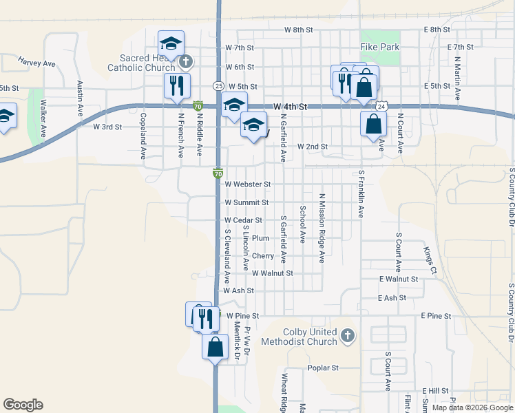 map of restaurants, bars, coffee shops, grocery stores, and more near 600-650 West Cedar Street in Colby