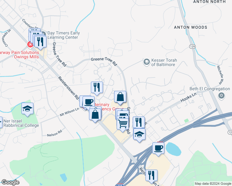map of restaurants, bars, coffee shops, grocery stores, and more near 111 Old House Court in Pikesville