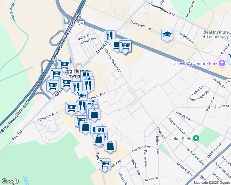 map of restaurants, bars, coffee shops, grocery stores, and more near 18 Cambridge Townhouse Drive in Egg Harbor Township