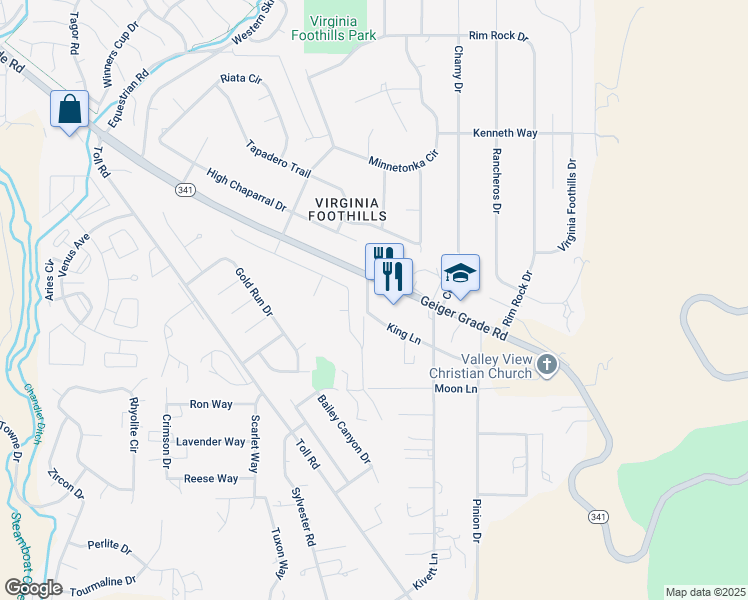map of restaurants, bars, coffee shops, grocery stores, and more near 1575 Geiger Grade Road in Reno