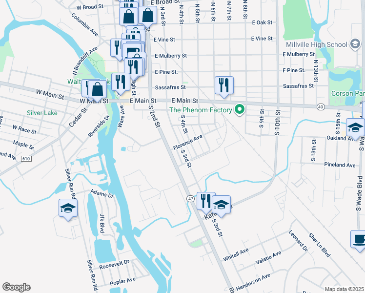 map of restaurants, bars, coffee shops, grocery stores, and more near 313 South 3rd Street in Millville