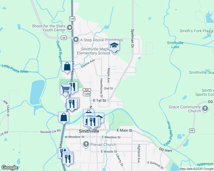 map of restaurants, bars, coffee shops, grocery stores, and more near 413 Maple Avenue in Smithville