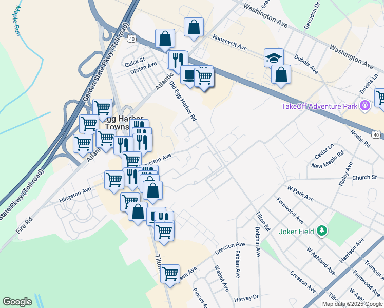 map of restaurants, bars, coffee shops, grocery stores, and more near 42 Cambridge Townhouse Drive in Egg Harbor Township