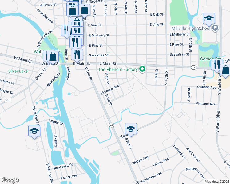 map of restaurants, bars, coffee shops, grocery stores, and more near 220 South 5th Street in Millville