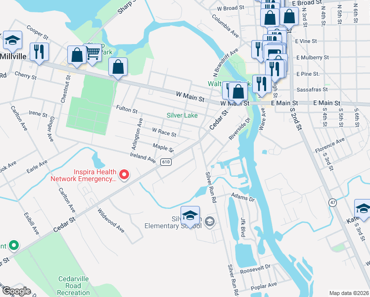 map of restaurants, bars, coffee shops, grocery stores, and more near 225 West Race Street in Millville