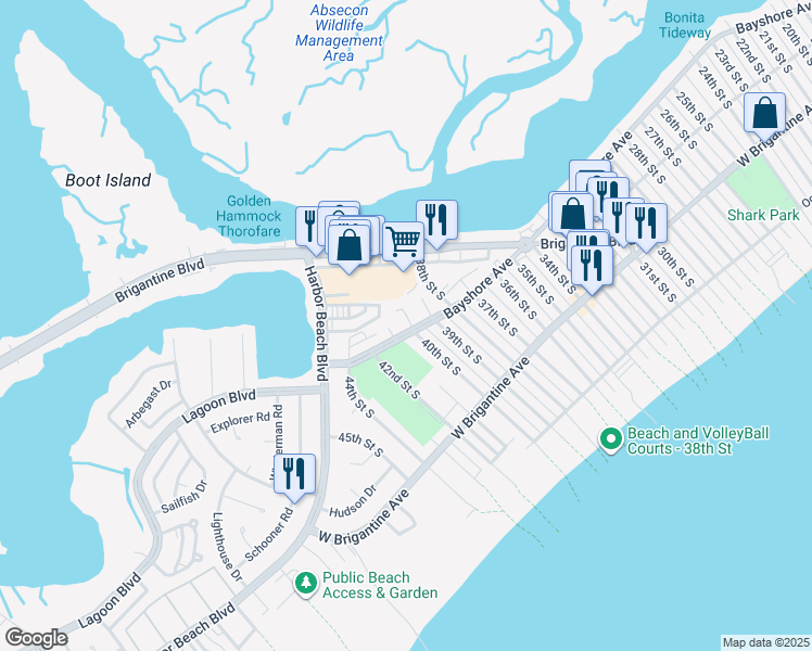 map of restaurants, bars, coffee shops, grocery stores, and more near 194 40th Street South in Brigantine