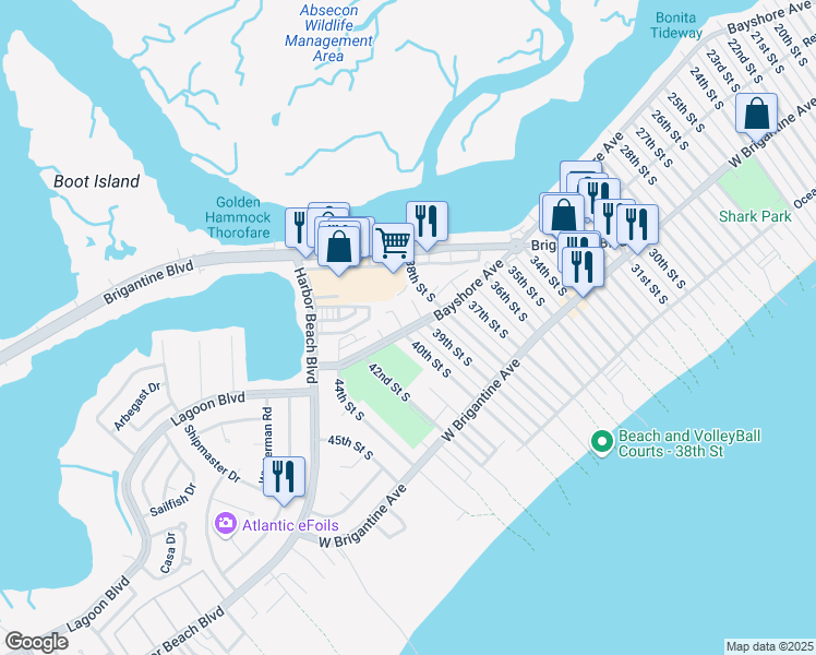 map of restaurants, bars, coffee shops, grocery stores, and more near 183 40th Street South in Brigantine