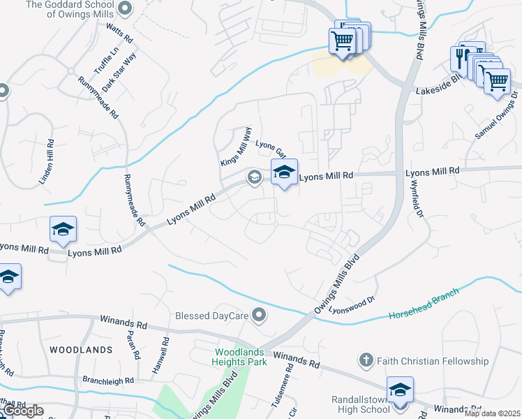 map of restaurants, bars, coffee shops, grocery stores, and more near 9516 Mary Geneva Lane in Owings Mills