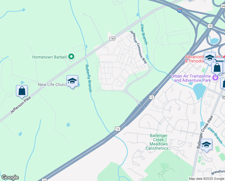 map of restaurants, bars, coffee shops, grocery stores, and more near Jefferson Technology Parkway in Frederick