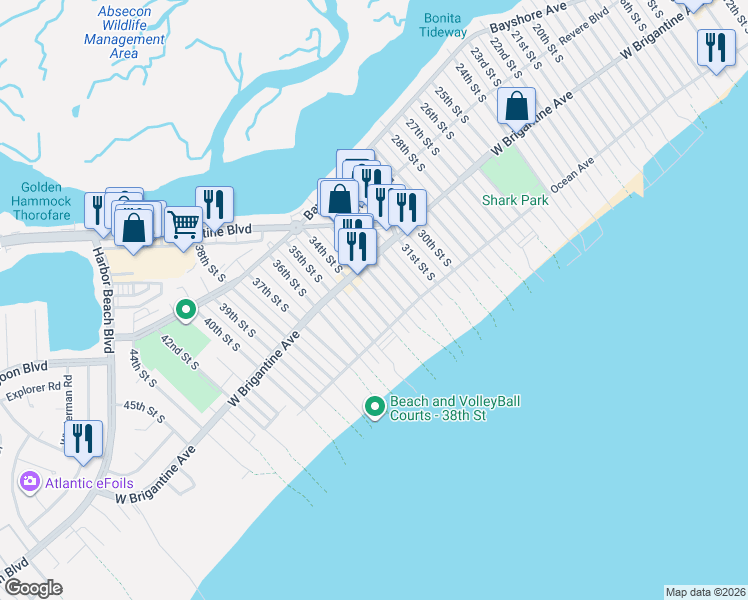 map of restaurants, bars, coffee shops, grocery stores, and more near 312 33rd Street South in Brigantine