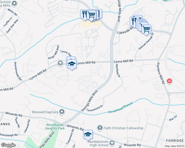 map of restaurants, bars, coffee shops, grocery stores, and more near 9453 James MacGowan Lane in Owings Mills