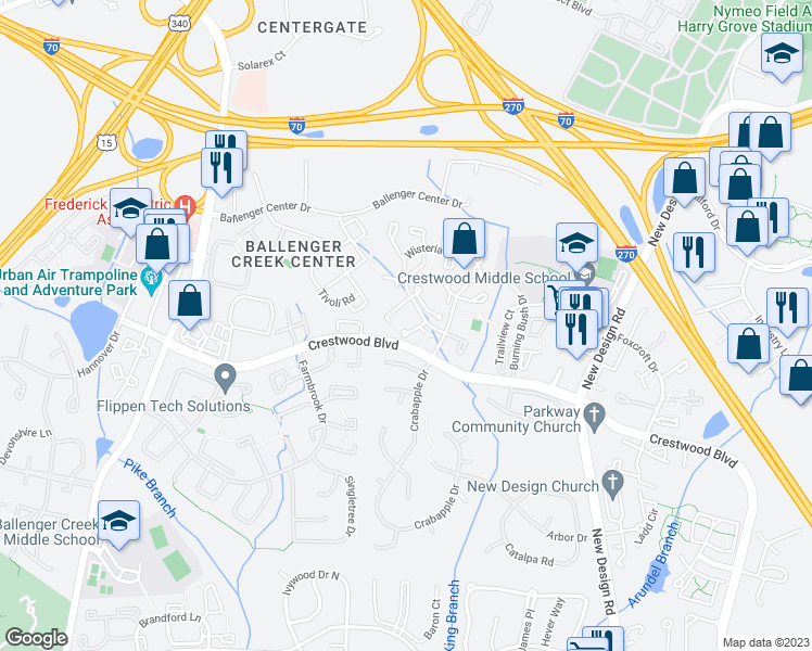 map of restaurants, bars, coffee shops, grocery stores, and more near 6850 Carnation Circle in Frederick