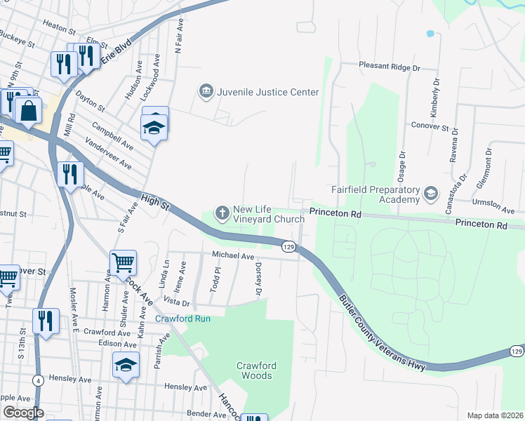 map of restaurants, bars, coffee shops, grocery stores, and more near 1810 Princeton Road in Hamilton