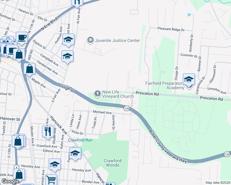 map of restaurants, bars, coffee shops, grocery stores, and more near 1810 Princeton Road in Hamilton