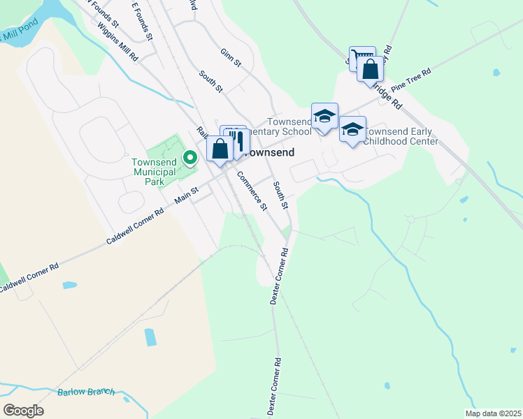 map of restaurants, bars, coffee shops, grocery stores, and more near 638 Commerce Street in Townsend