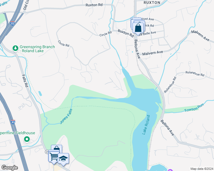 map of restaurants, bars, coffee shops, grocery stores, and more near 7511 LHirondelle Club Road in Towson