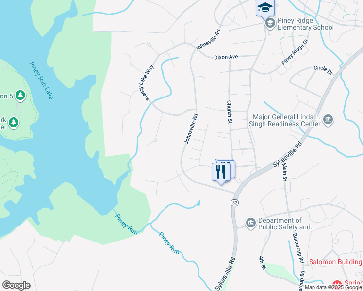 map of restaurants, bars, coffee shops, grocery stores, and more near 630 Johnsville Road in Sykesville