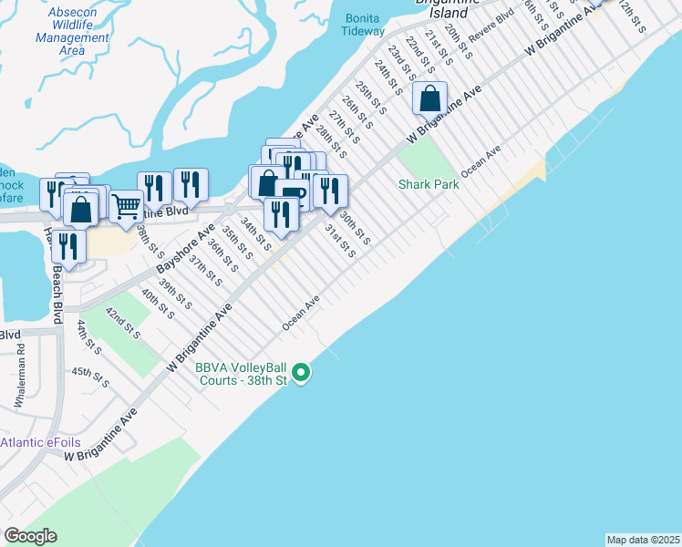 map of restaurants, bars, coffee shops, grocery stores, and more near Ocean Ave & 32nd St S in Brigantine
