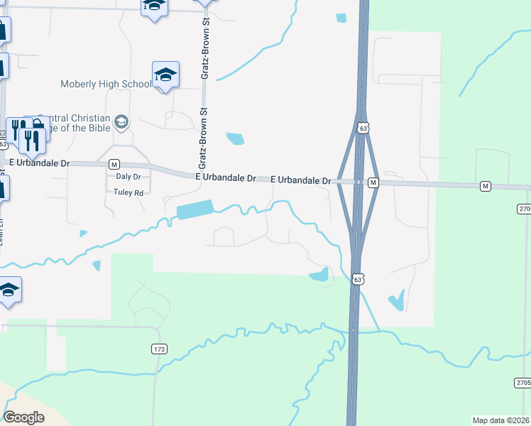 map of restaurants, bars, coffee shops, grocery stores, and more near Cedar Ridge Lane in Moberly