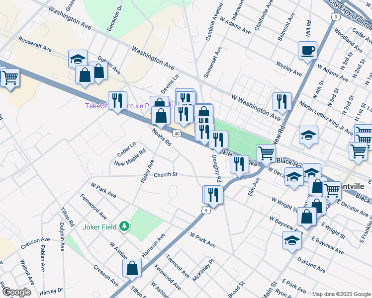 map of restaurants, bars, coffee shops, grocery stores, and more near 701 East Black Horse Pike in Pleasantville