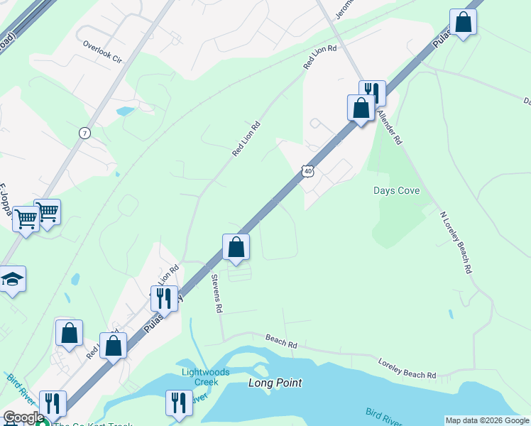 map of restaurants, bars, coffee shops, grocery stores, and more near 11323 Pulaski Highway in White Marsh