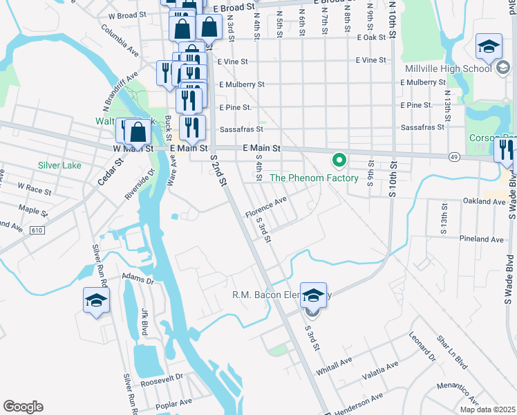 map of restaurants, bars, coffee shops, grocery stores, and more near 237 South 3rd Street in Millville