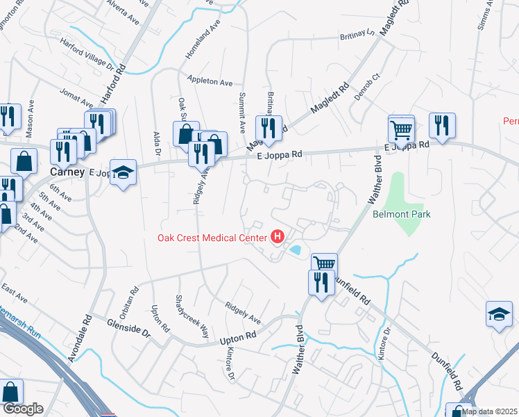 map of restaurants, bars, coffee shops, grocery stores, and more near 8810 Walther Boulevard in Parkville