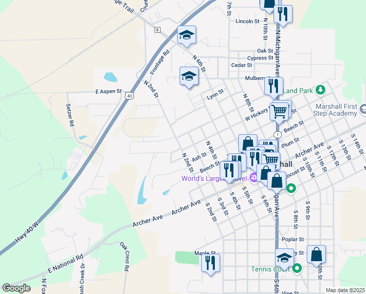 map of restaurants, bars, coffee shops, grocery stores, and more near 201 Spruce Street in Marshall