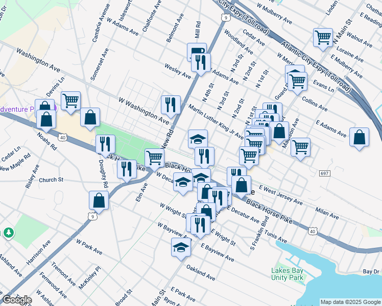 map of restaurants, bars, coffee shops, grocery stores, and more near 27 South 3rd Street in Pleasantville