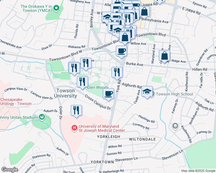 map of restaurants, bars, coffee shops, grocery stores, and more near 8000 York Road in Towson