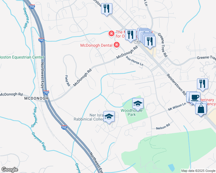 map of restaurants, bars, coffee shops, grocery stores, and more near 99 Babette Court in Pikesville
