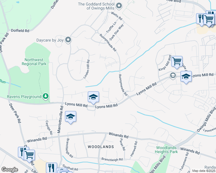 map of restaurants, bars, coffee shops, grocery stores, and more near 4512 Winter Mill Way in Owings Mills