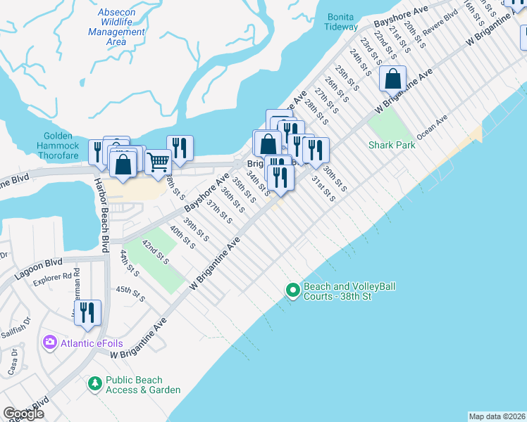 map of restaurants, bars, coffee shops, grocery stores, and more near 267 35th Street South in Brigantine