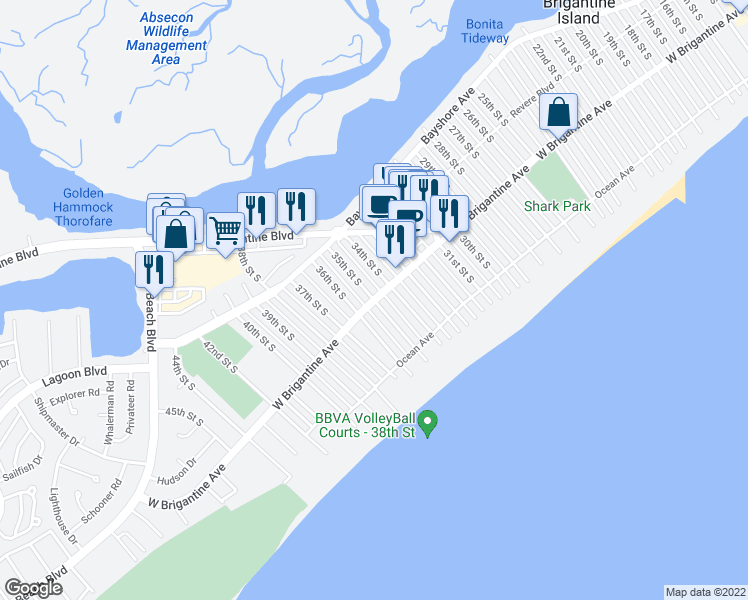 map of restaurants, bars, coffee shops, grocery stores, and more near 267 35th Street South in Brigantine
