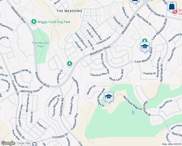 map of restaurants, bars, coffee shops, grocery stores, and more near 2965 Deerfoot Way in Castle Rock
