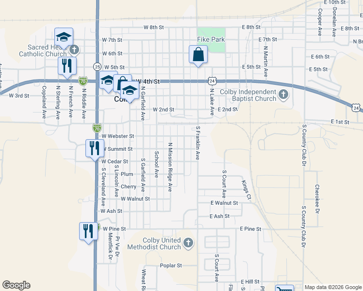 map of restaurants, bars, coffee shops, grocery stores, and more near 200-248 West Webster Street in Colby