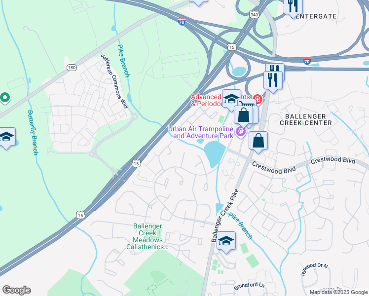 map of restaurants, bars, coffee shops, grocery stores, and more near 5732 Crestridge Court in Frederick