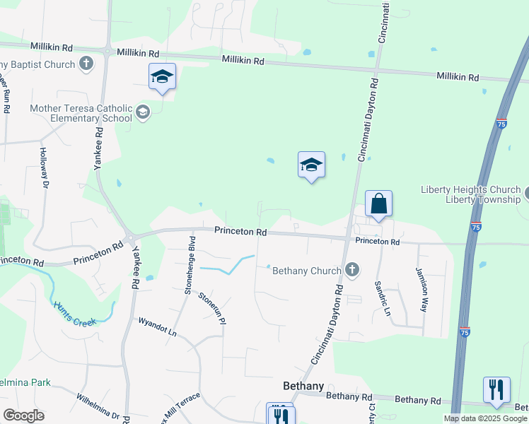 map of restaurants, bars, coffee shops, grocery stores, and more near 7376 Princeton Road in Butler County