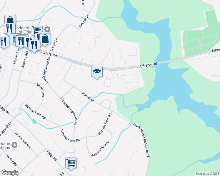 map of restaurants, bars, coffee shops, grocery stores, and more near 6514 Ridenour Way East in Sykesville