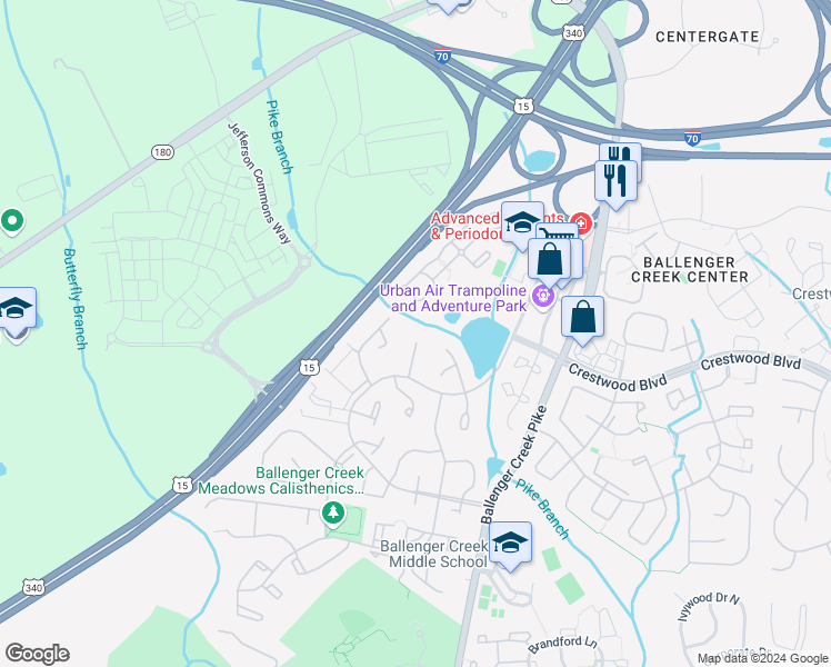 map of restaurants, bars, coffee shops, grocery stores, and more near 5732 Crestridge Court in Frederick