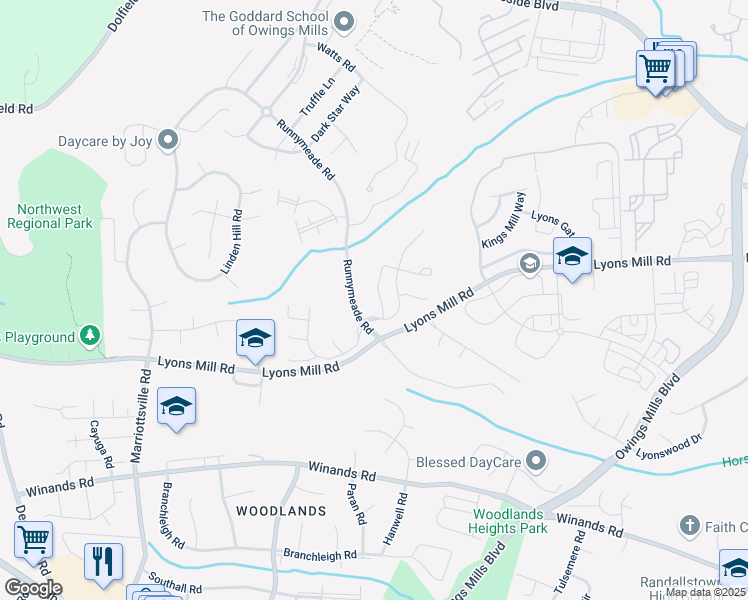 map of restaurants, bars, coffee shops, grocery stores, and more near 4412 Kentford Road in Owings Mills