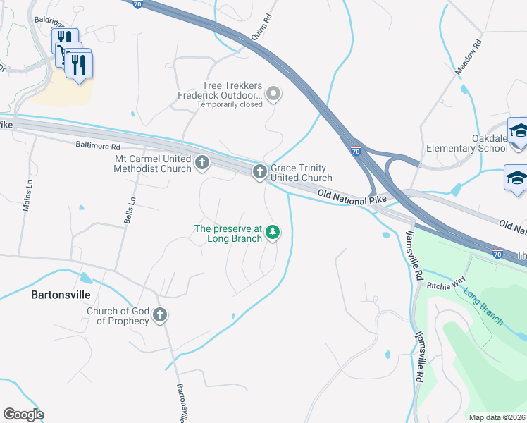 map of restaurants, bars, coffee shops, grocery stores, and more near 5822 Zoe Lane in Frederick