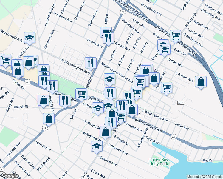 map of restaurants, bars, coffee shops, grocery stores, and more near 225 West Washington Avenue in Pleasantville