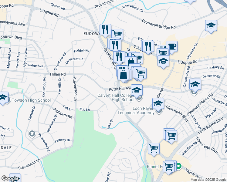 map of restaurants, bars, coffee shops, grocery stores, and more near 5 Fellowship Court in Towson