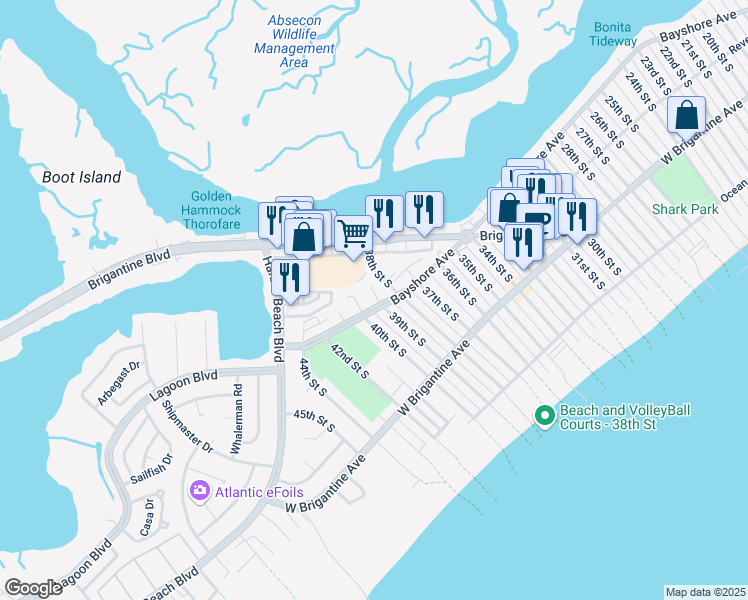 map of restaurants, bars, coffee shops, grocery stores, and more near 183 40th Street South in Brigantine