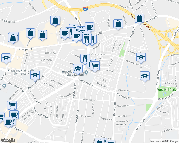map of restaurants, bars, coffee shops, grocery stores, and more near 1706 Joan Ave in Parkville