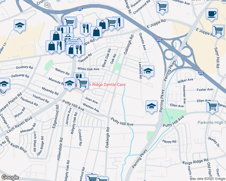 map of restaurants, bars, coffee shops, grocery stores, and more near 8504 Oakleigh Road in Parkville