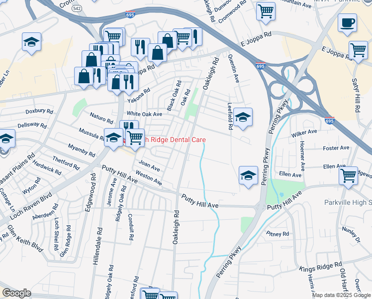 map of restaurants, bars, coffee shops, grocery stores, and more near 8504 Oakleigh Road in Parkville